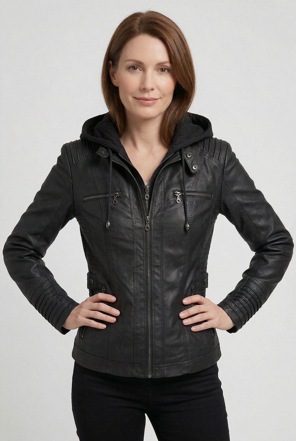 Iolanthe | Leather Look Hooded Zip-Up Jacket for Women