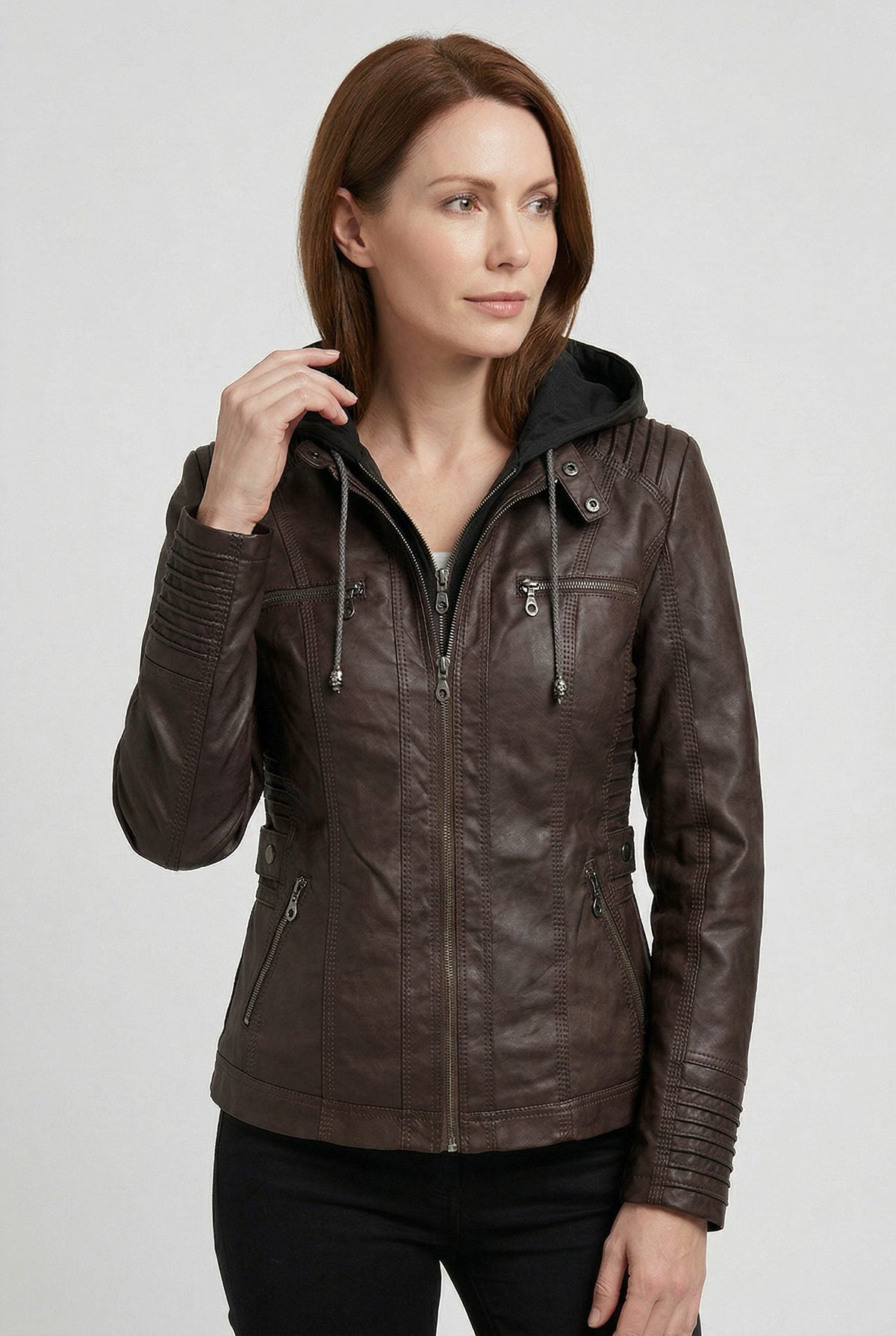Iolanthe | Leather Look Hooded Zip-Up Jacket for Women