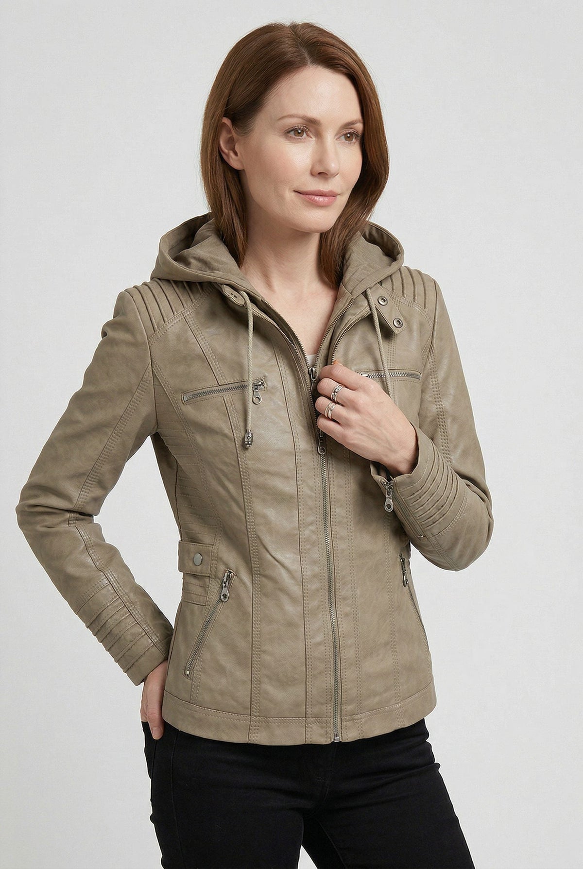 Iolanthe | Leather Look Hooded Zip-Up Jacket for Women