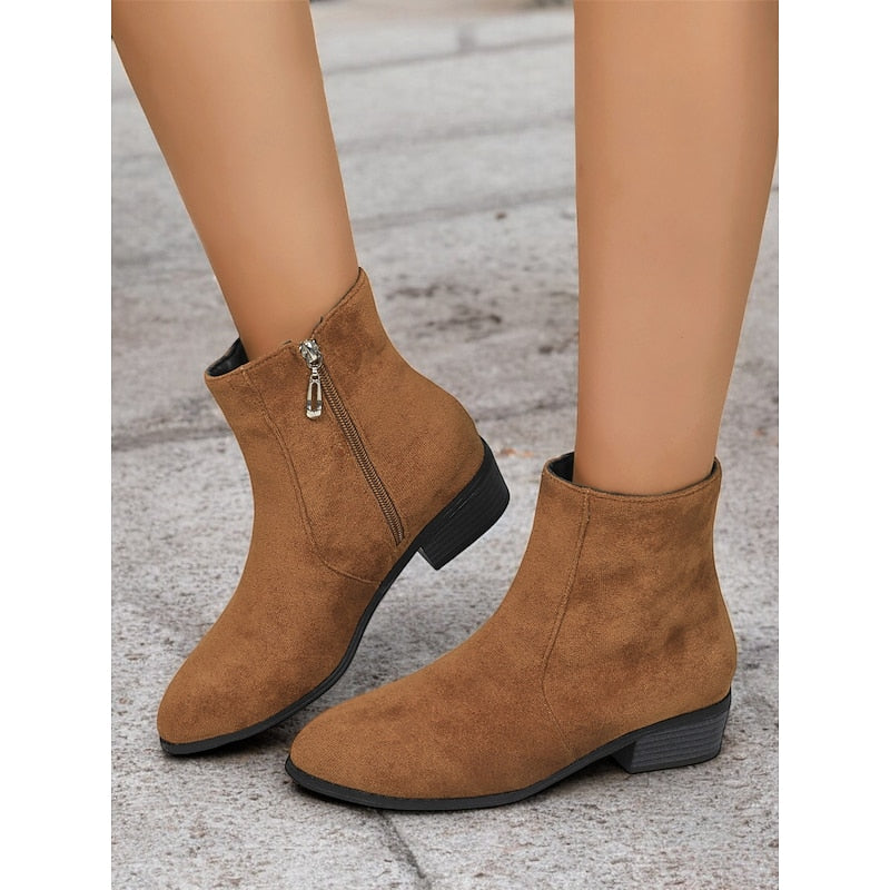 Women's Ankle Boots with Block Heel and Zip Closure | Size 6-10.5 | Brown, Green, Black