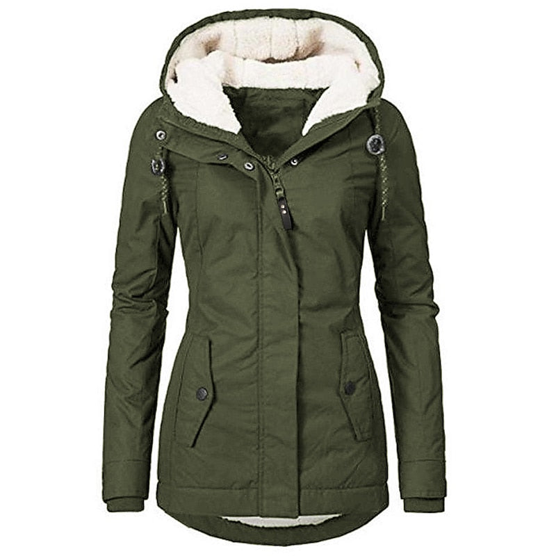 Women's Parka with Hood and Lining | Zip Closure, Pockets | For Winter | Size S-2XL | Army Green, Black, Light Green, Dark Blue