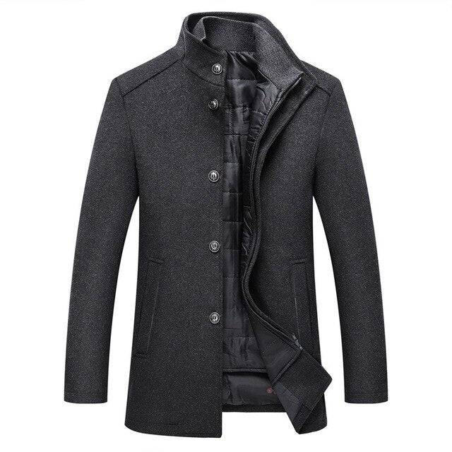 Men's Winter Coat, Stand Collar, Button Front, Quilted Lining