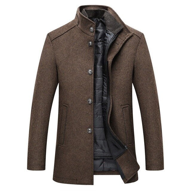 Men's Winter Coat, Stand Collar, Button Front, Quilted Lining