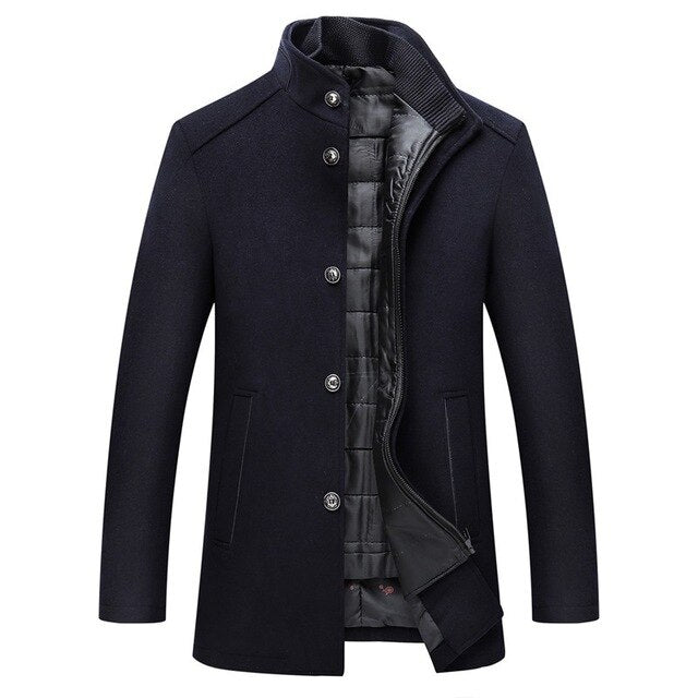 Men's Winter Coat, Stand Collar, Button Front, Quilted Lining