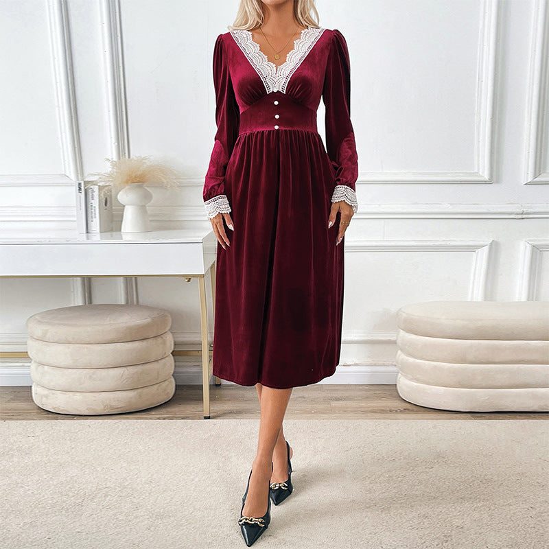 Hyacinth | Velvet Midi Dress with Lace V-Neck and Long Sleeves for Women