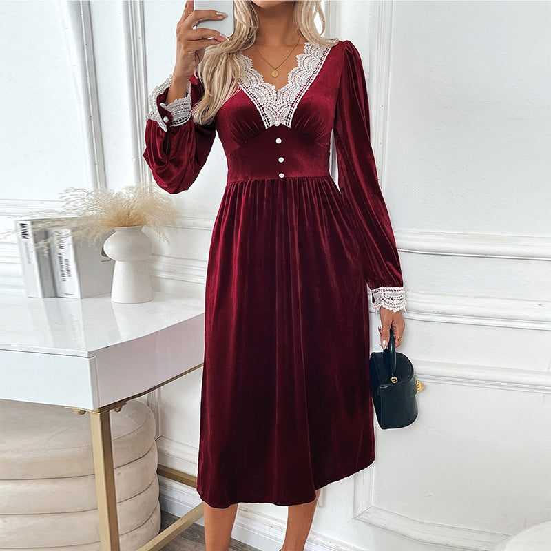 Hyacinth | Velvet Midi Dress with Lace V-Neck and Long Sleeves for Women