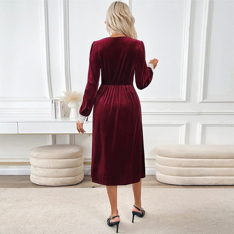 Hyacinth | Velvet Midi Dress with Lace V-Neck and Long Sleeves for Women