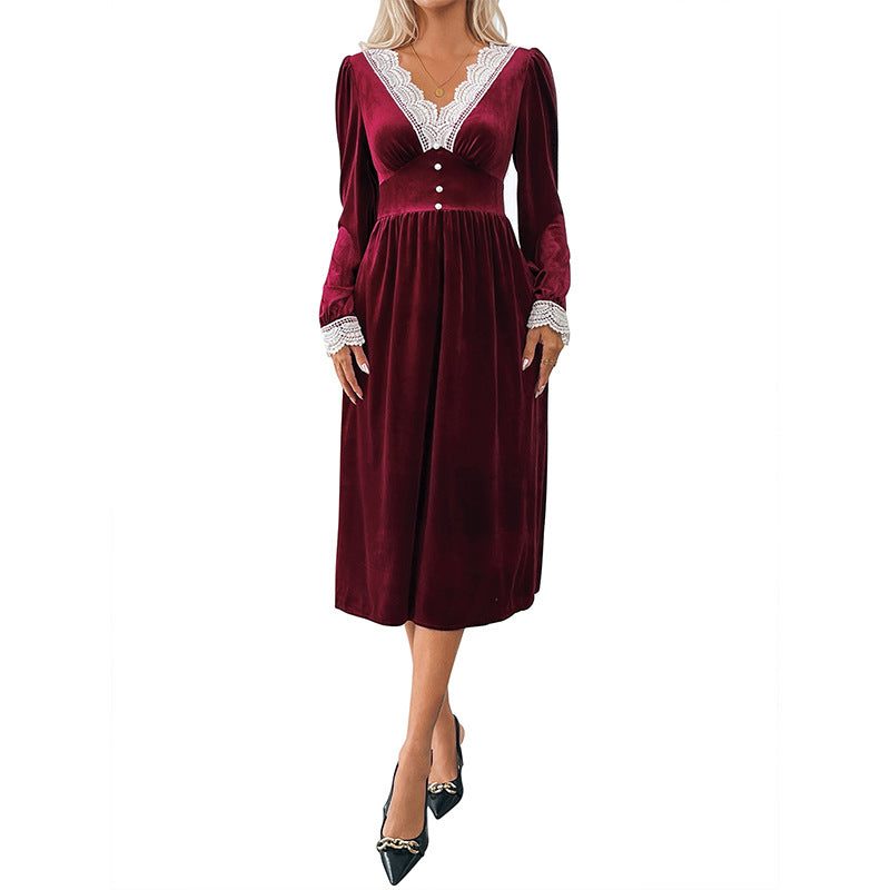 Hyacinth | Velvet Midi Dress with Lace V-Neck and Long Sleeves for Women