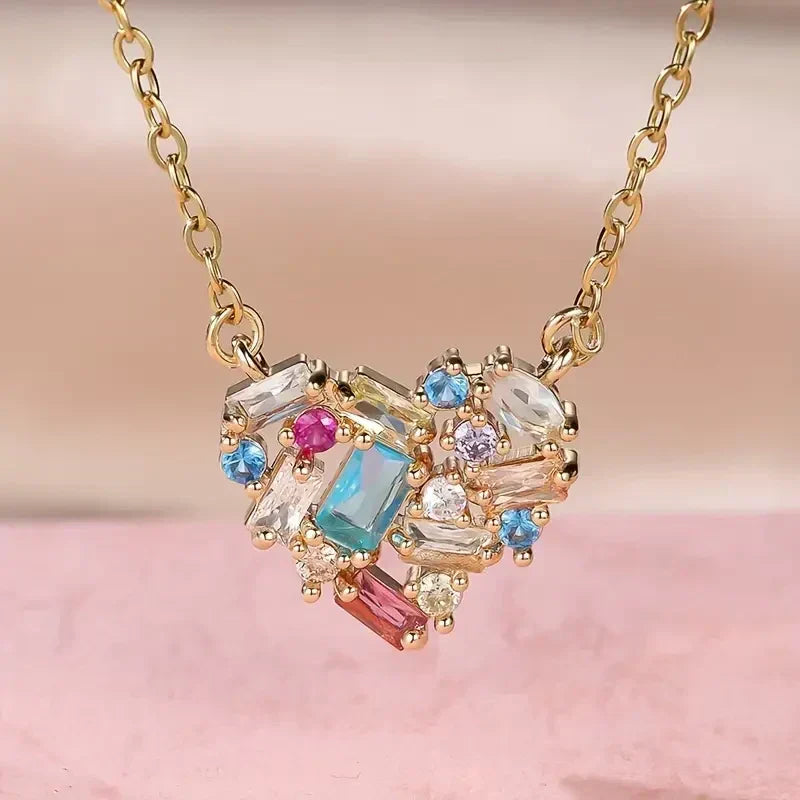 Heart Pendant Necklace Gold Plated Colorful Enamel Chain