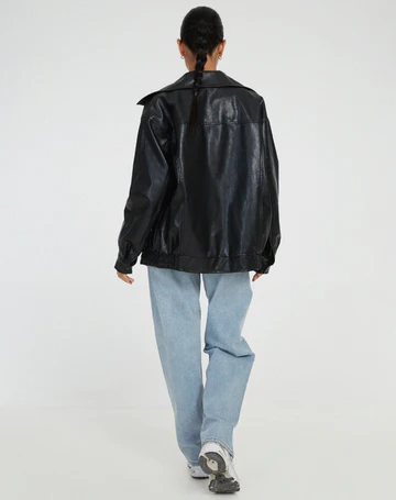 Women's Oversized Faux Leather Jacket with Zipper