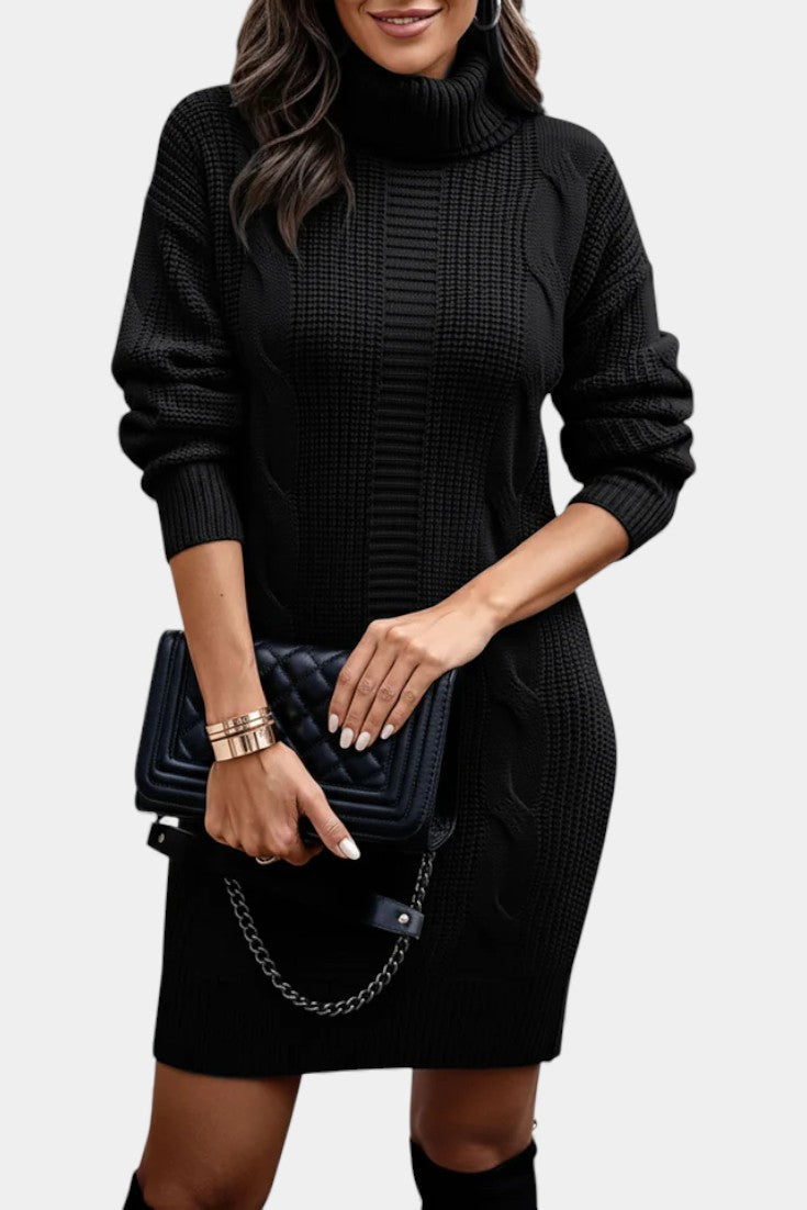 Women's Turtleneck Sweater Dress, Cable Knit, Long Sleeves