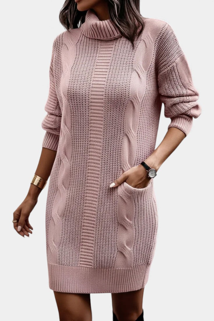 Women's Turtleneck Sweater Dress, Cable Knit, Long Sleeves
