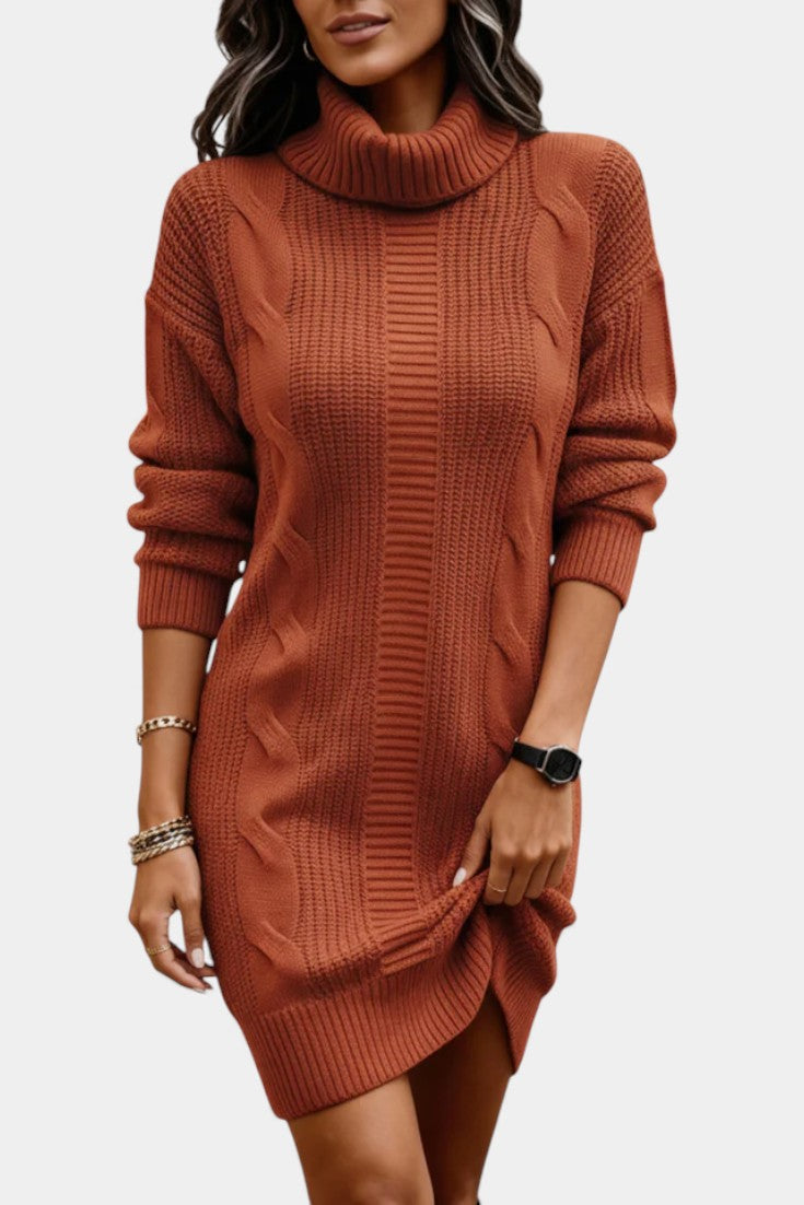Women's Turtleneck Sweater Dress, Cable Knit, Long Sleeves