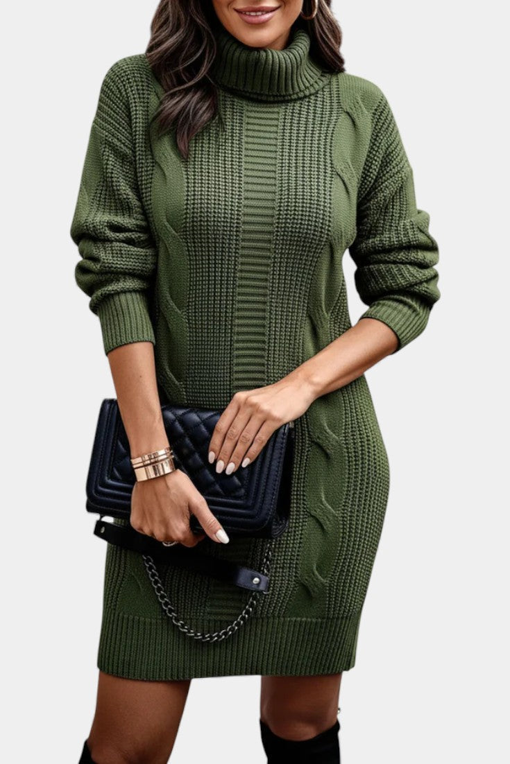 Women's Turtleneck Sweater Dress, Cable Knit, Long Sleeves
