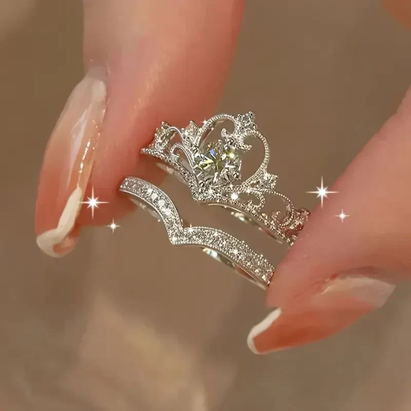 Crown Ring Set in Silver and White Gold Finish