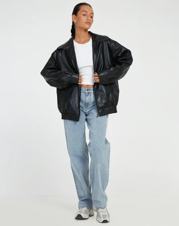 Women's Oversized Faux Leather Jacket with Zipper
