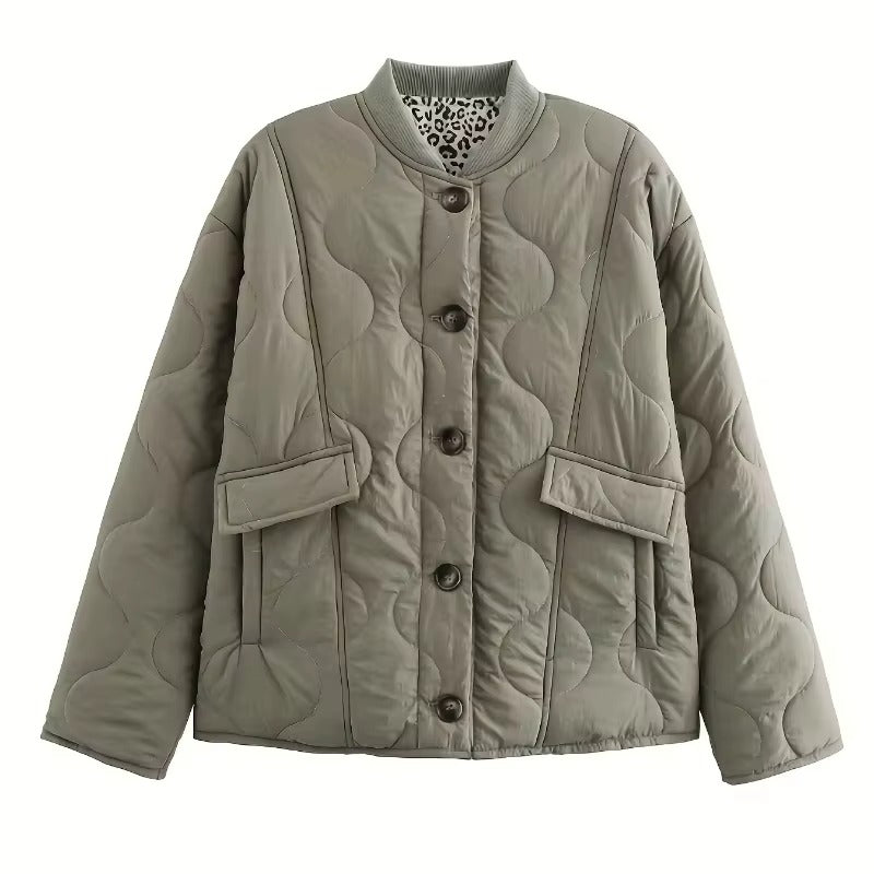 Women's Quilted Jacket, Leopard Cuffs, Button Front, Patch Pockets