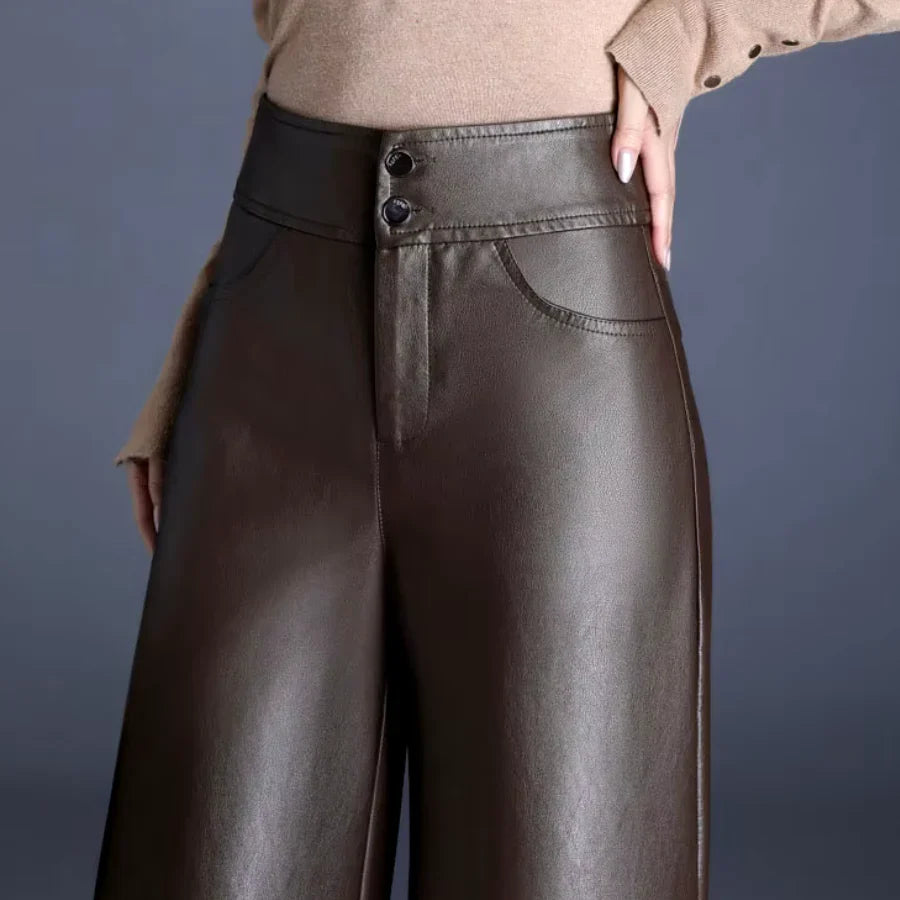 Imogen | Women's Wide Leg Leather Trouser with Button Fly