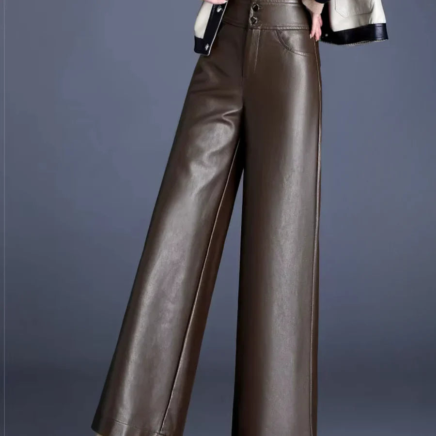 Imogen | Women's Wide Leg Leather Trouser with Button Fly