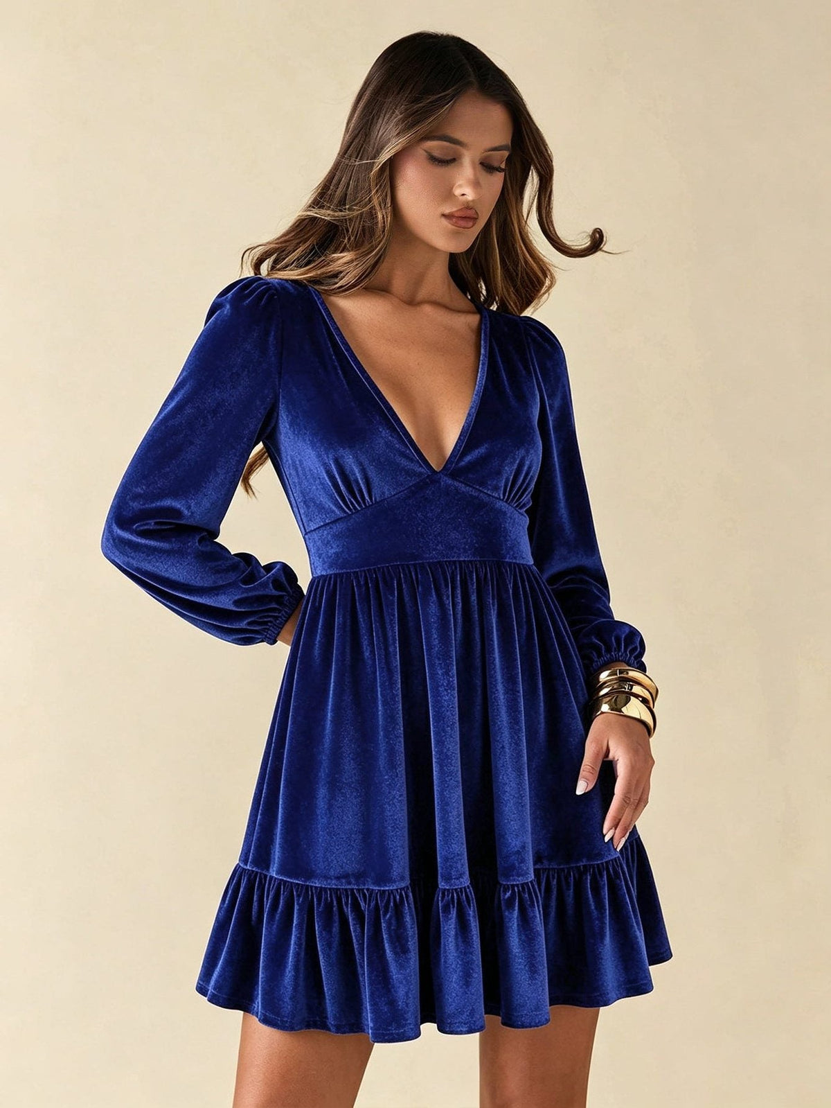 Indigo | Velvet Cocktail Mini Dress with V-Neck and Puff Sleeves for Women