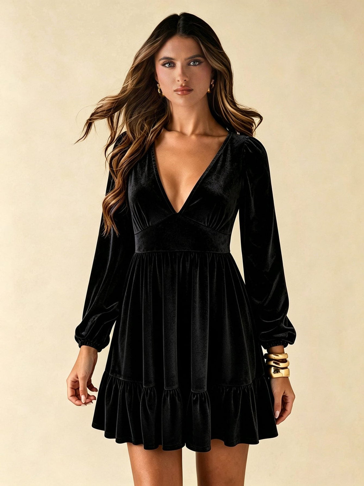 Indigo | Velvet Cocktail Mini Dress with V-Neck and Puff Sleeves for Women