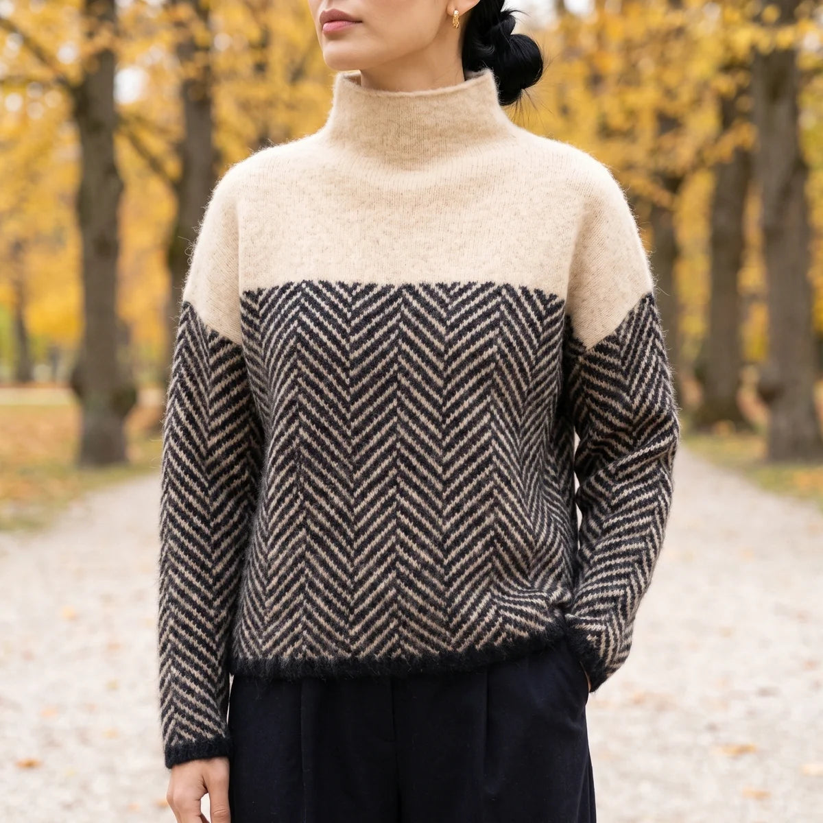 Iolanthe Herringbone Knit Solid Yoke Turtleneck