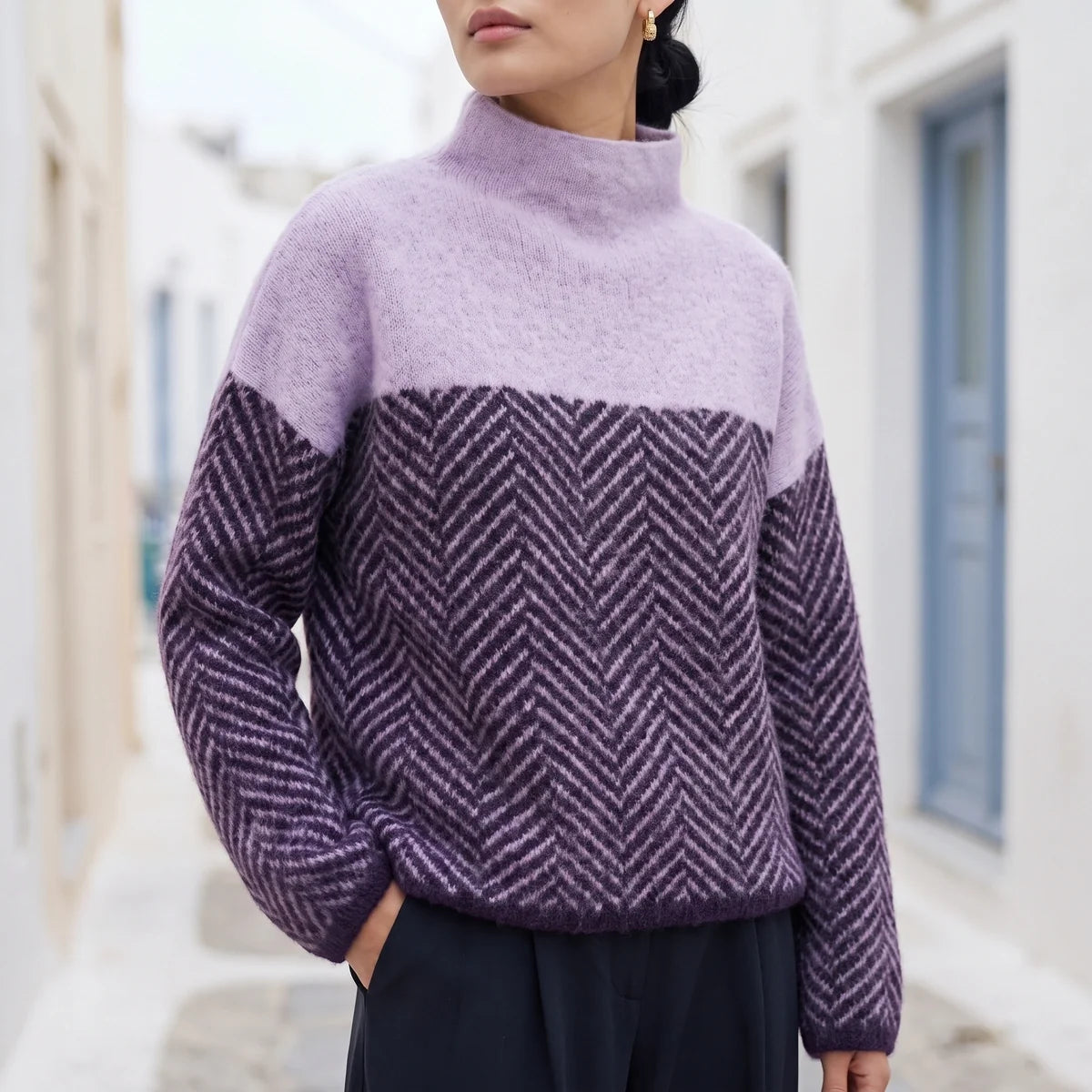 Iolanthe Herringbone Knit Solid Yoke Turtleneck