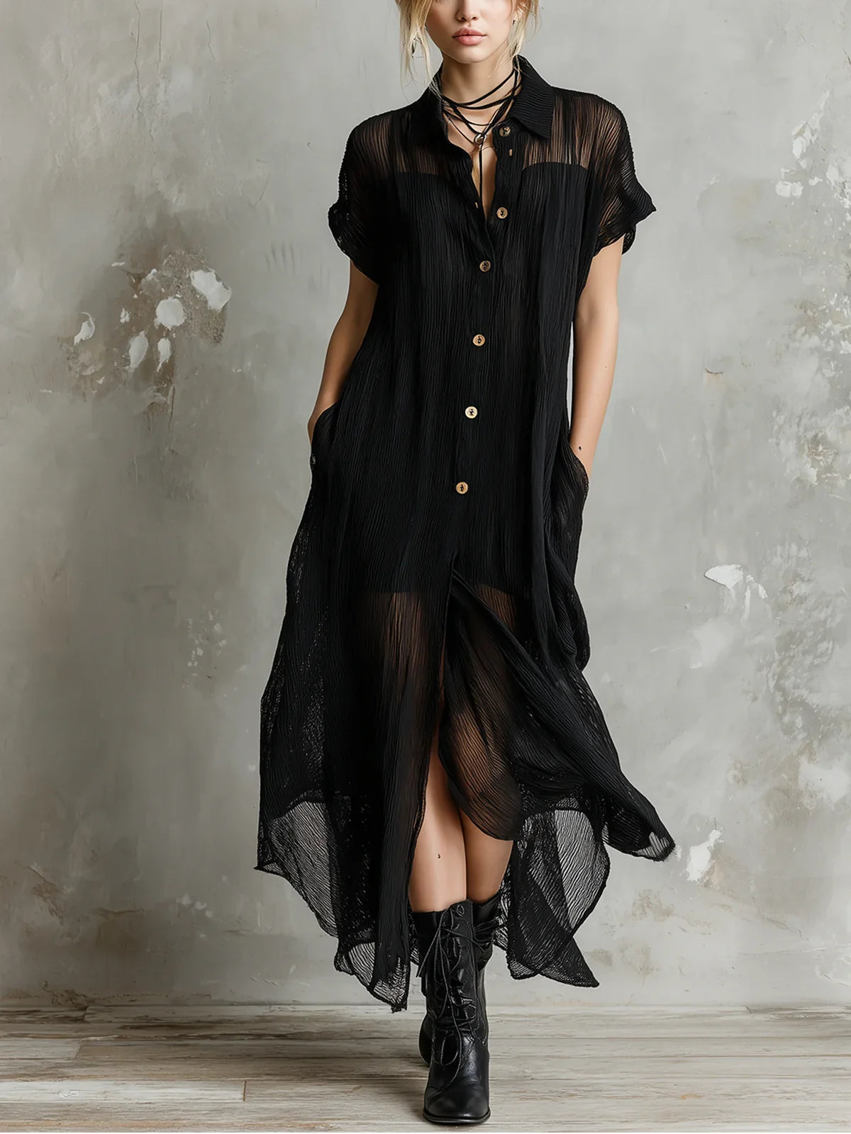 Iona | Black Shirt Maxi Dress with Short Sleeves and Button Up Front