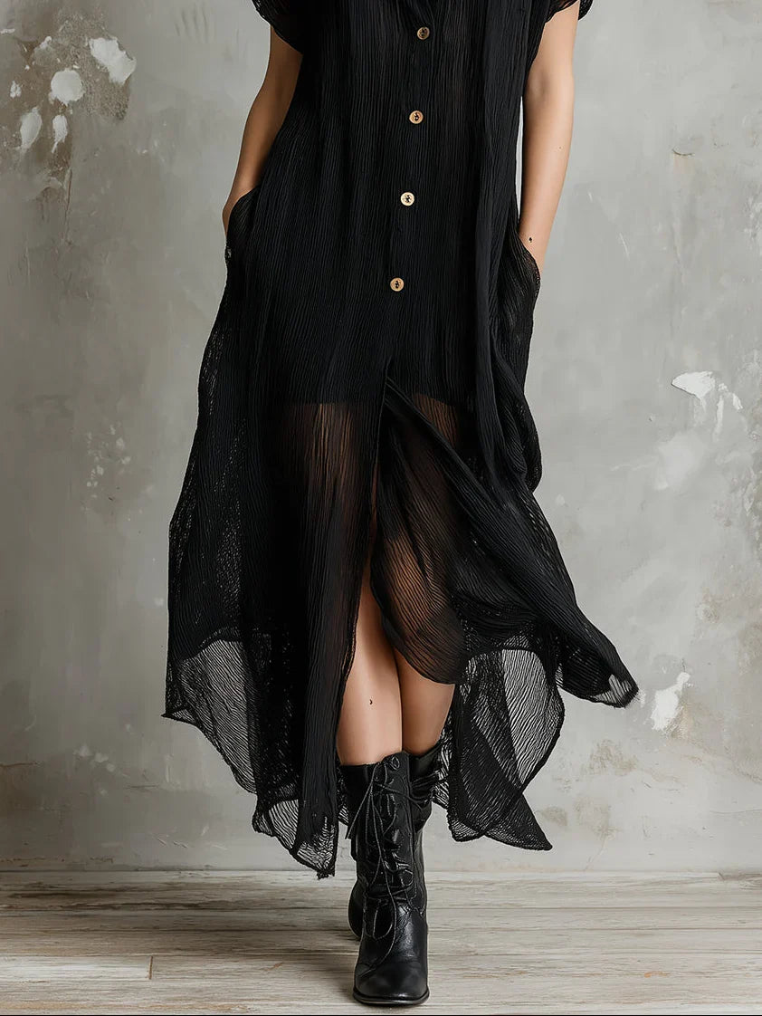 Iona | Black Shirt Maxi Dress with Short Sleeves and Button Up Front