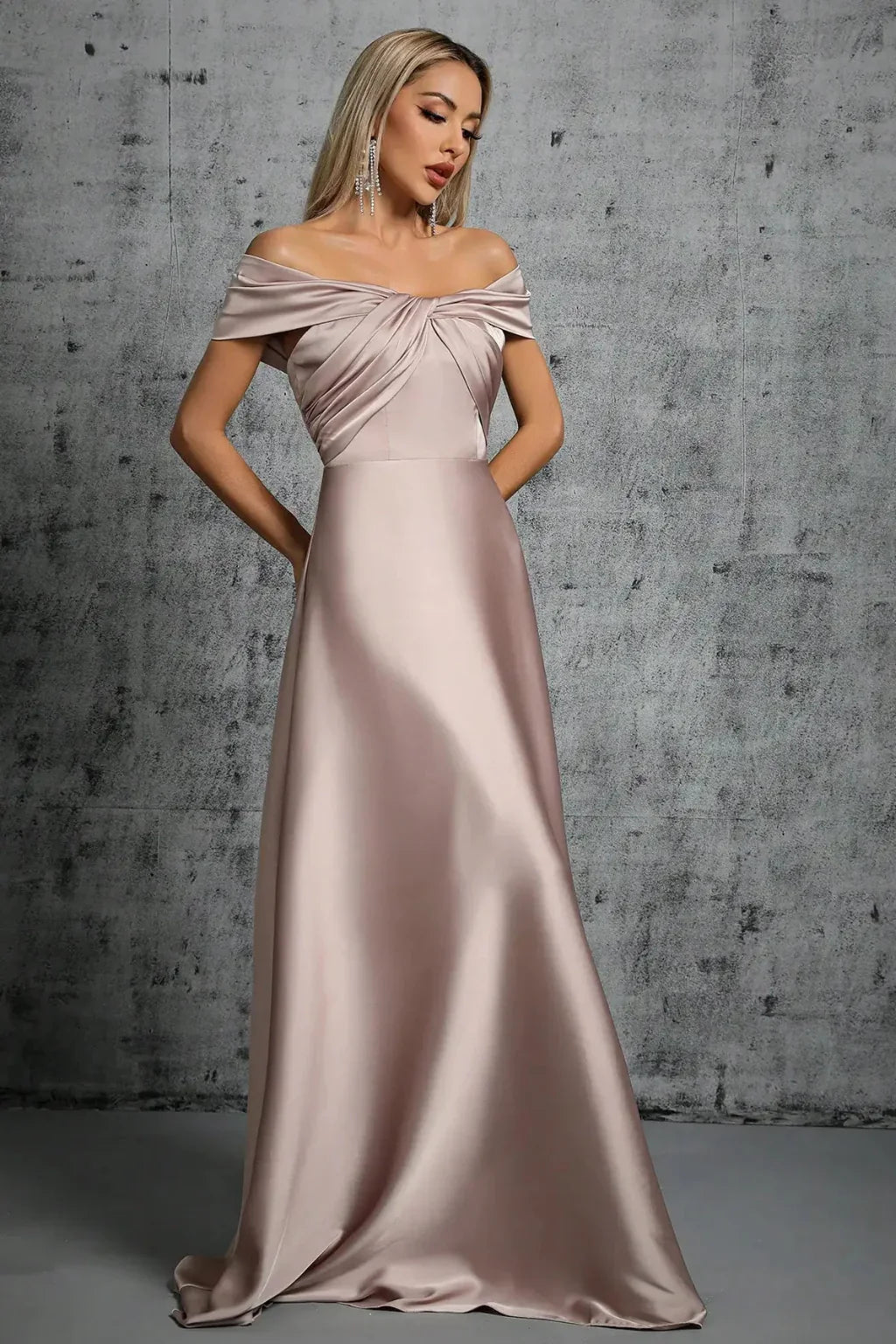 Iona | Pleated Off Shoulder Twisted Knot Evening Maxi Dress with Bodice