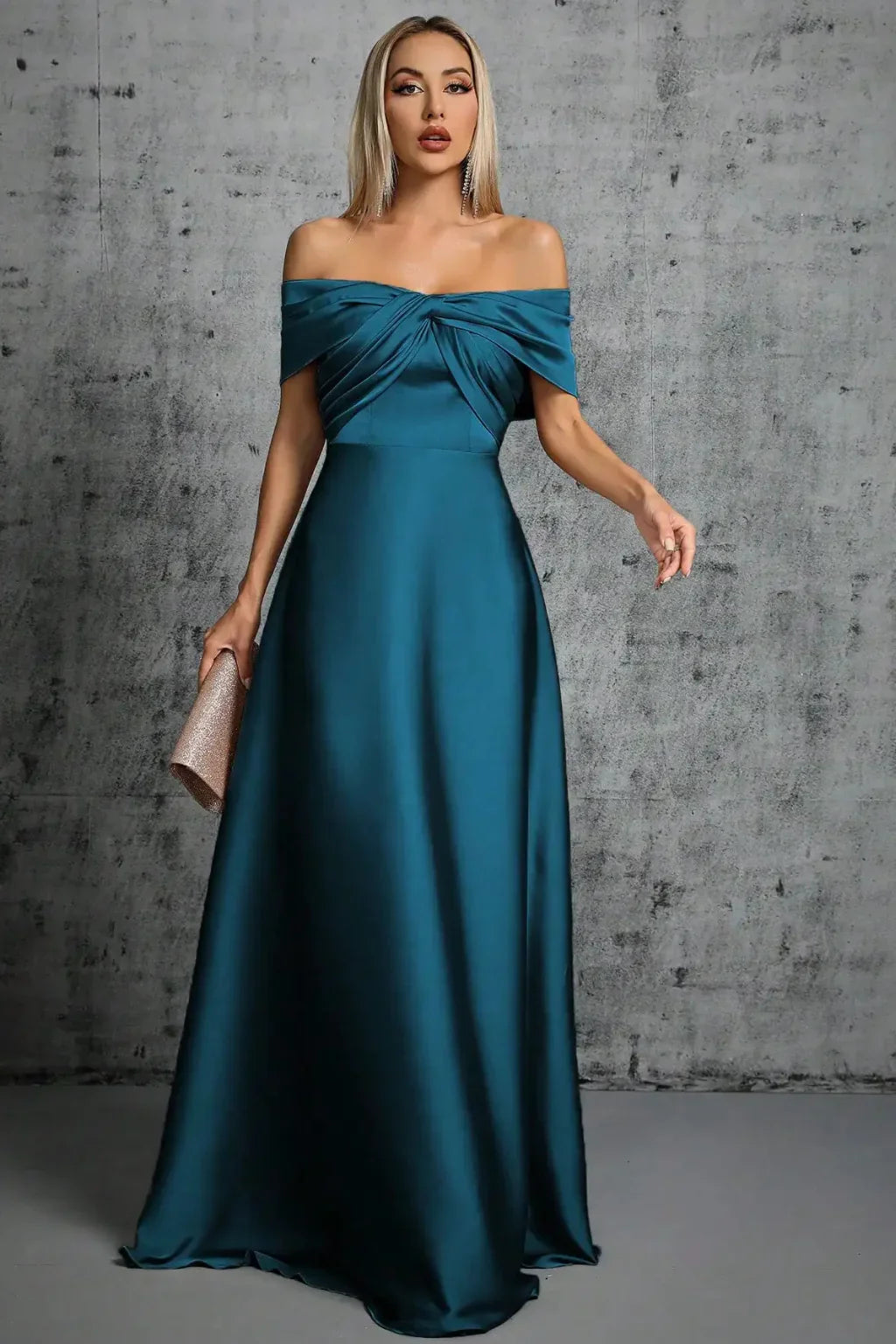 Iona | Pleated Off Shoulder Twisted Knot Evening Maxi Dress with Bodice