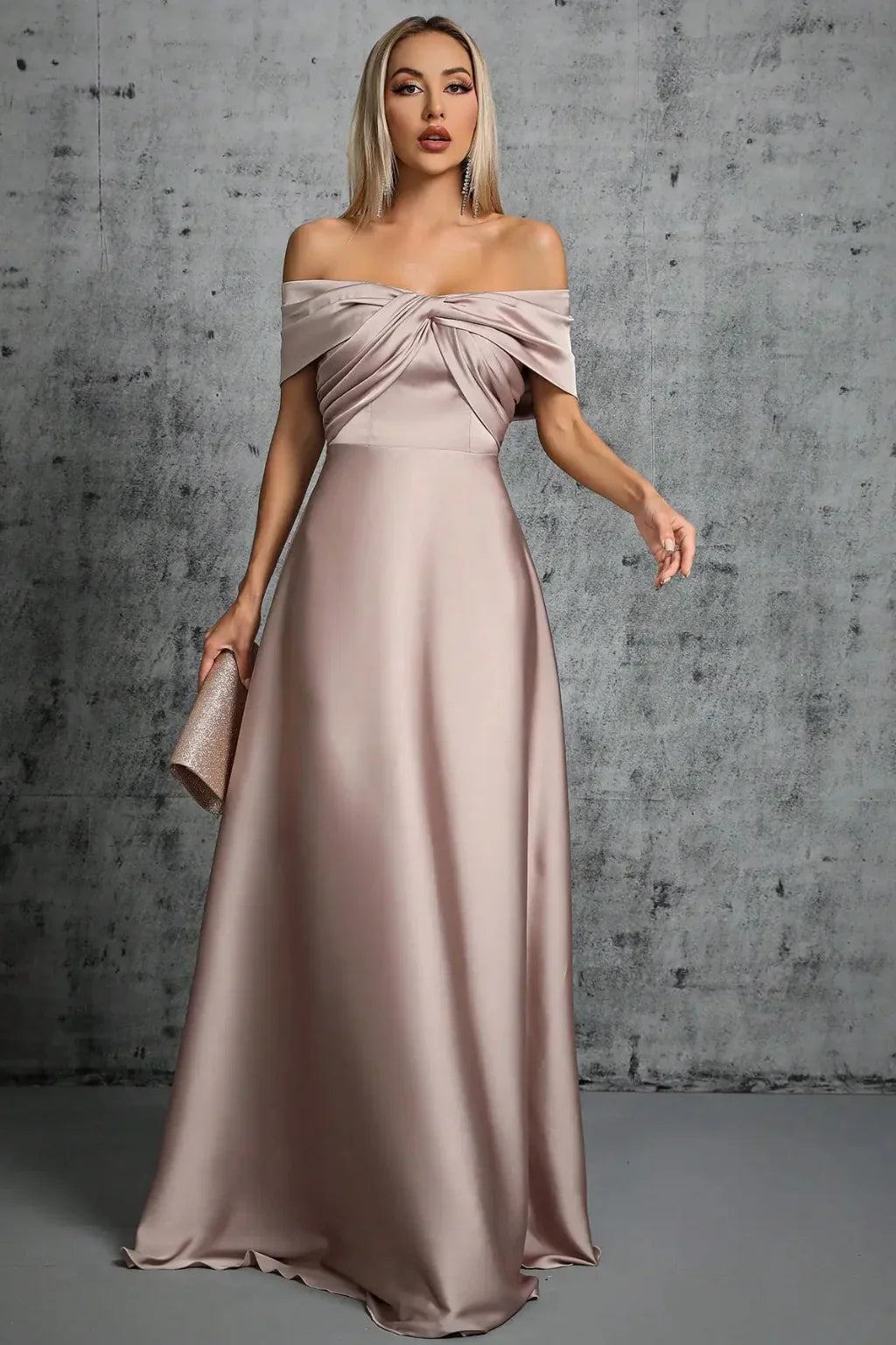 Iona | Pleated Off Shoulder Twisted Knot Evening Maxi Dress with Bodice