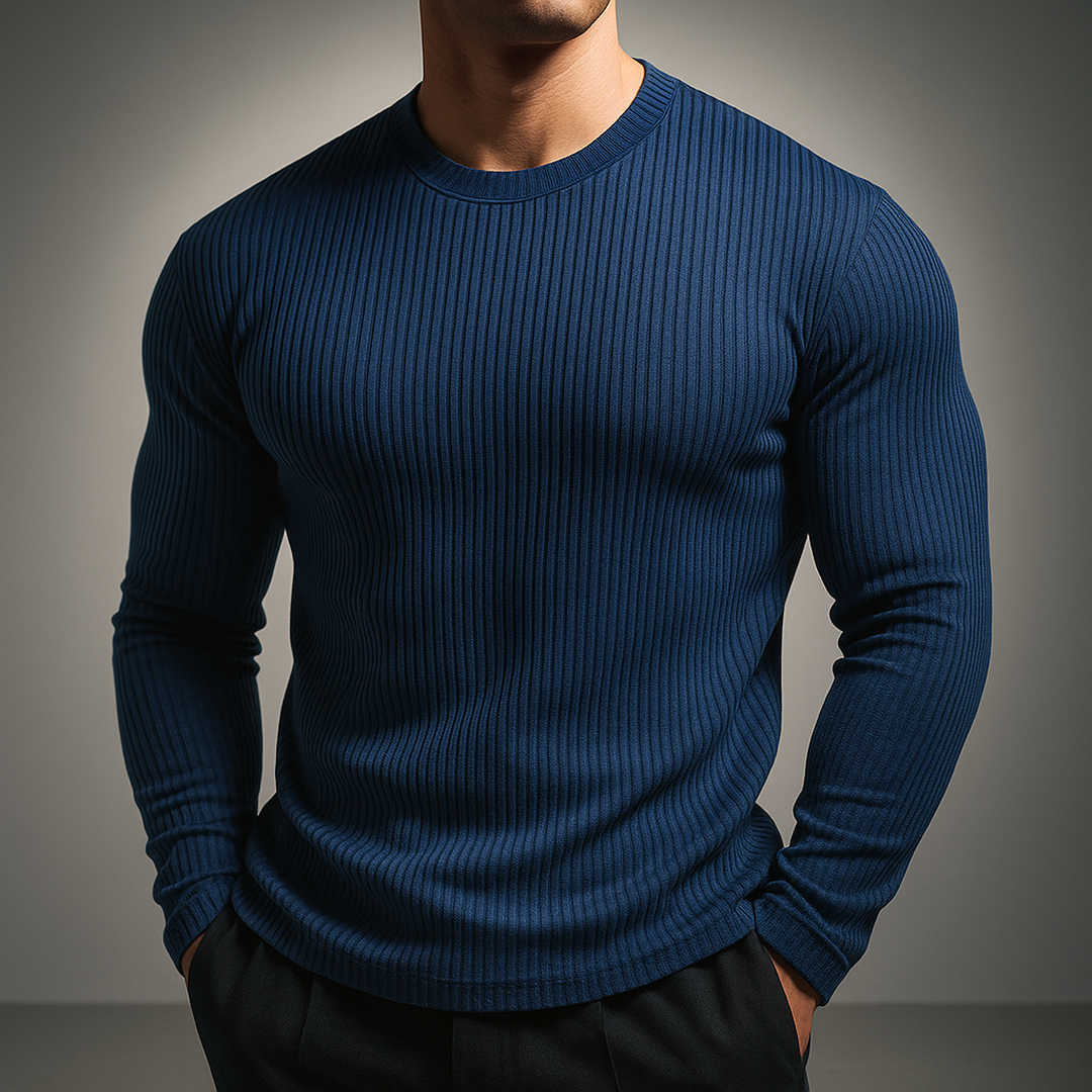 Men's Ribbed Knit Sweater, Crew Neck, Long Sleeves