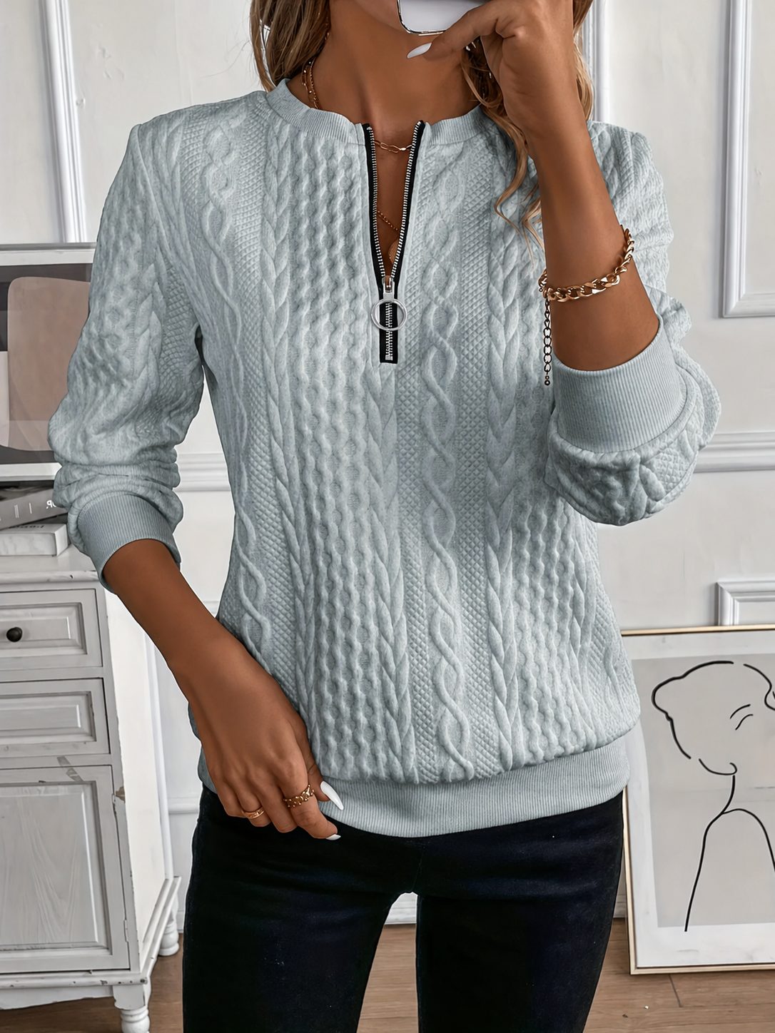 Irene | Cable Knit Sweater with Half-Zip for Women