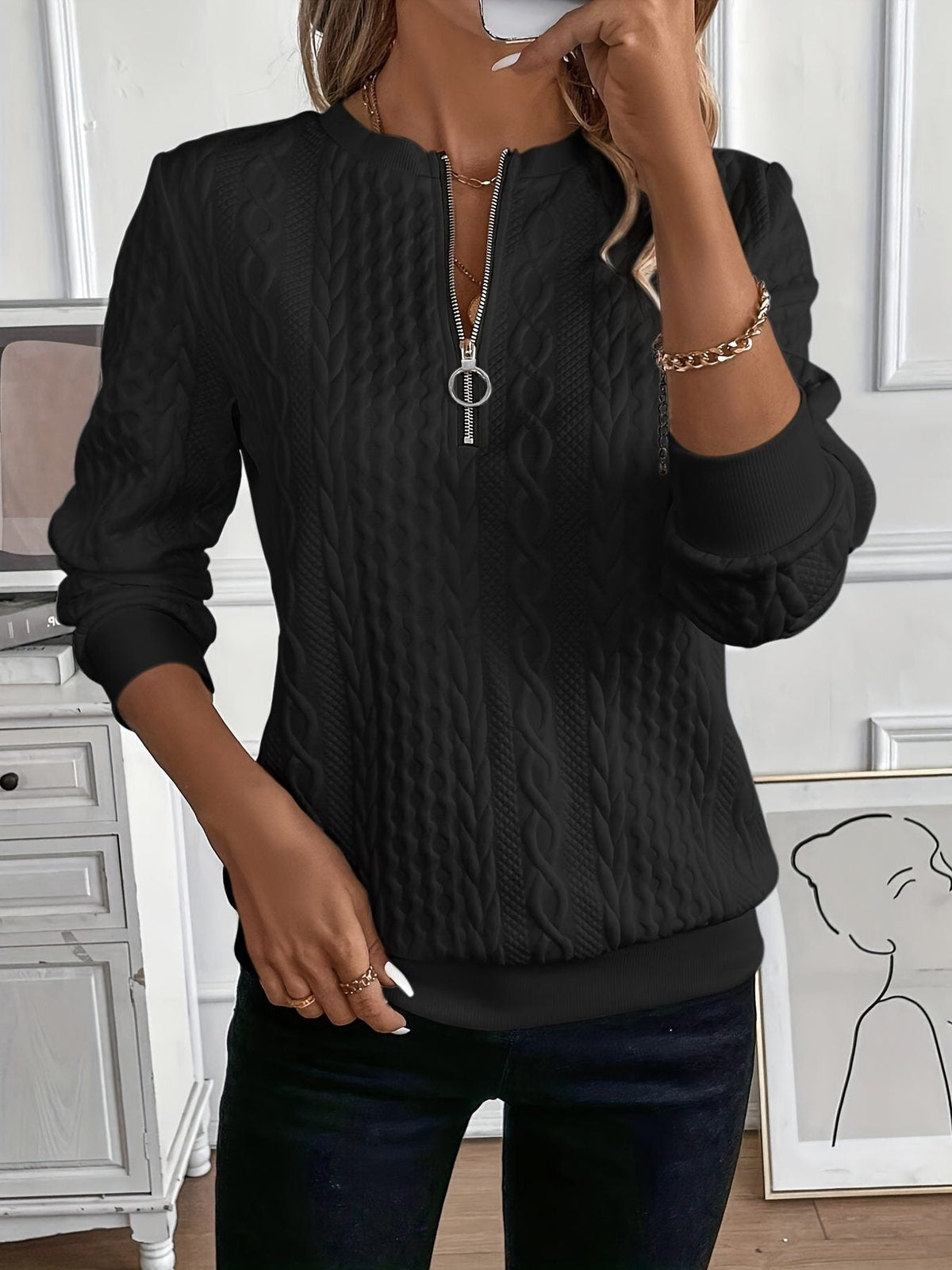 Irene | Cable Knit Sweater with Half-Zip for Women