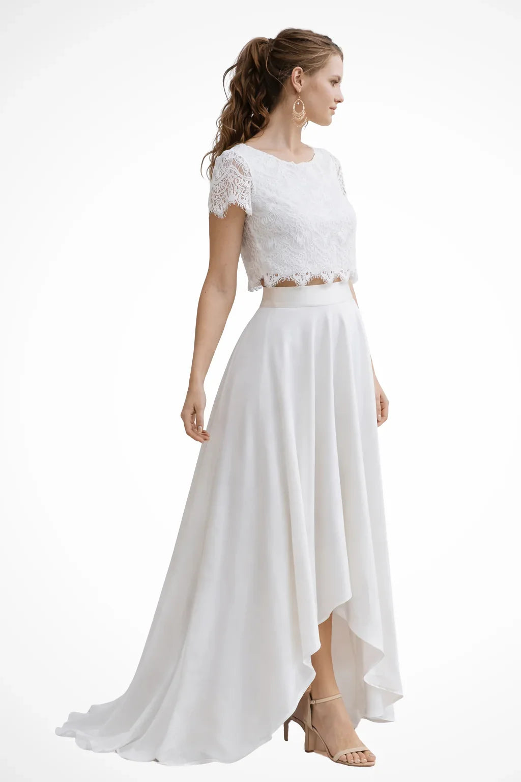 Irene | White Lace Top Midi Skirt Wedding Guest Bridal Two Piece Set with Short Sleeves