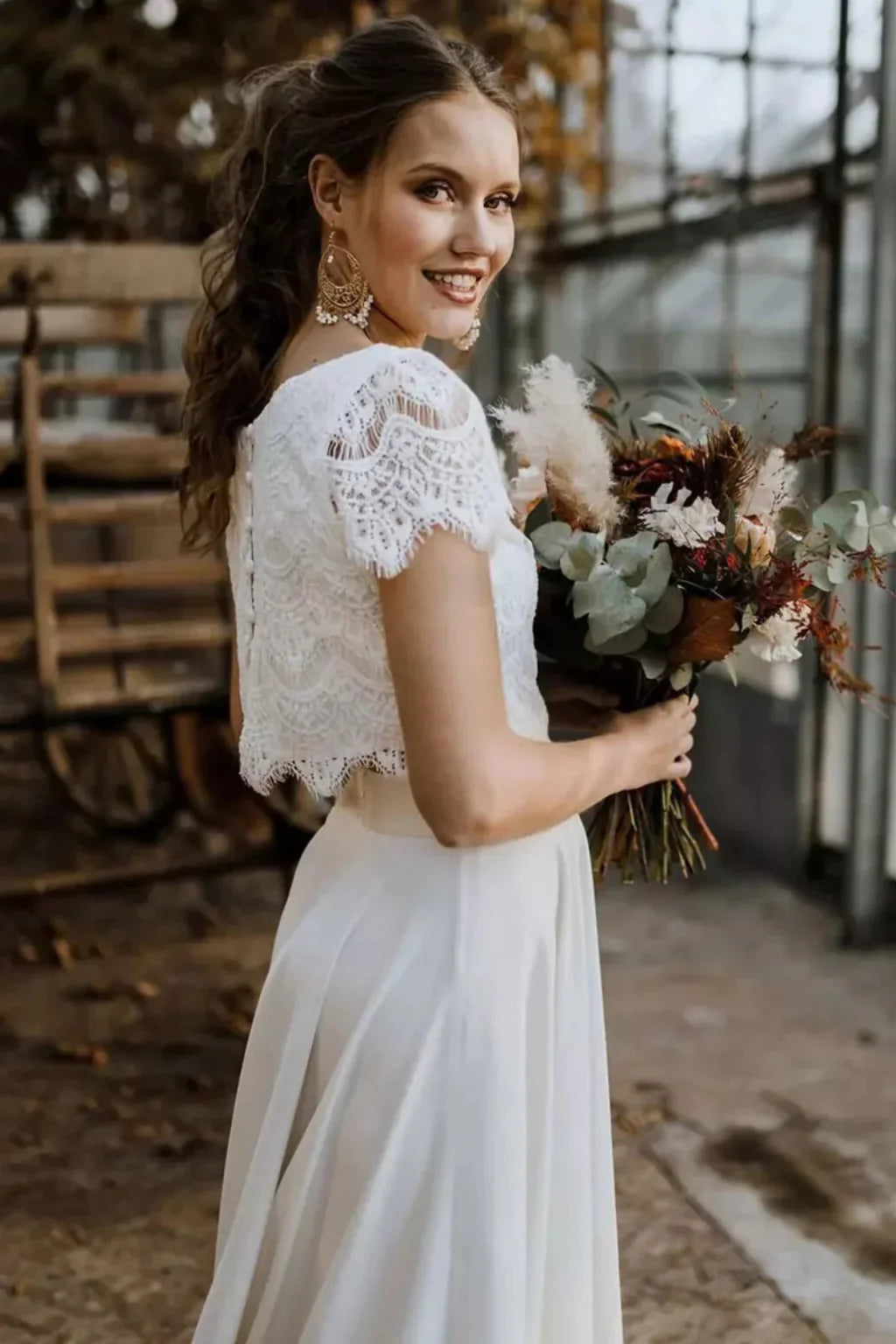 Irene | White Lace Top Midi Skirt Wedding Guest Bridal Two Piece Set with Short Sleeves