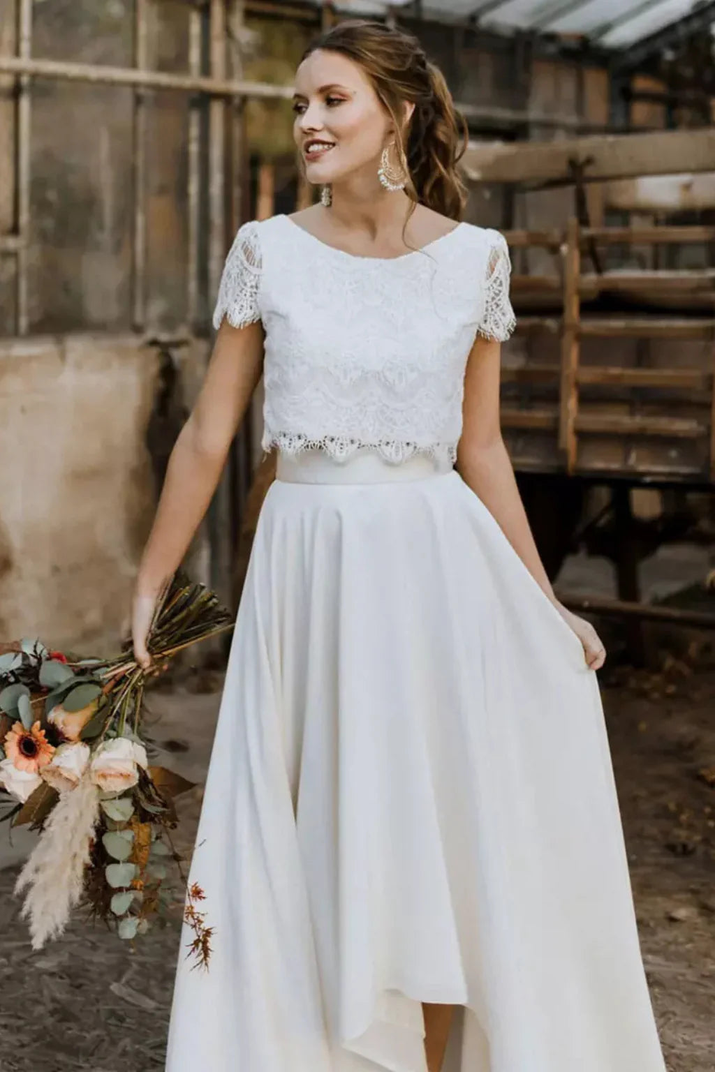 Irene | White Lace Top Midi Skirt Wedding Guest Bridal Two Piece Set with Short Sleeves