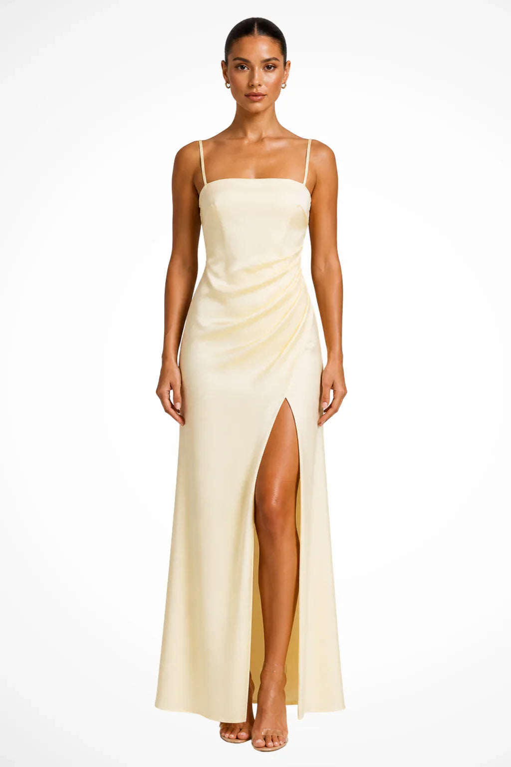 Isabelle | Women's Square Neck Side Slit Evening Maxi Dress with Spaghetti Straps