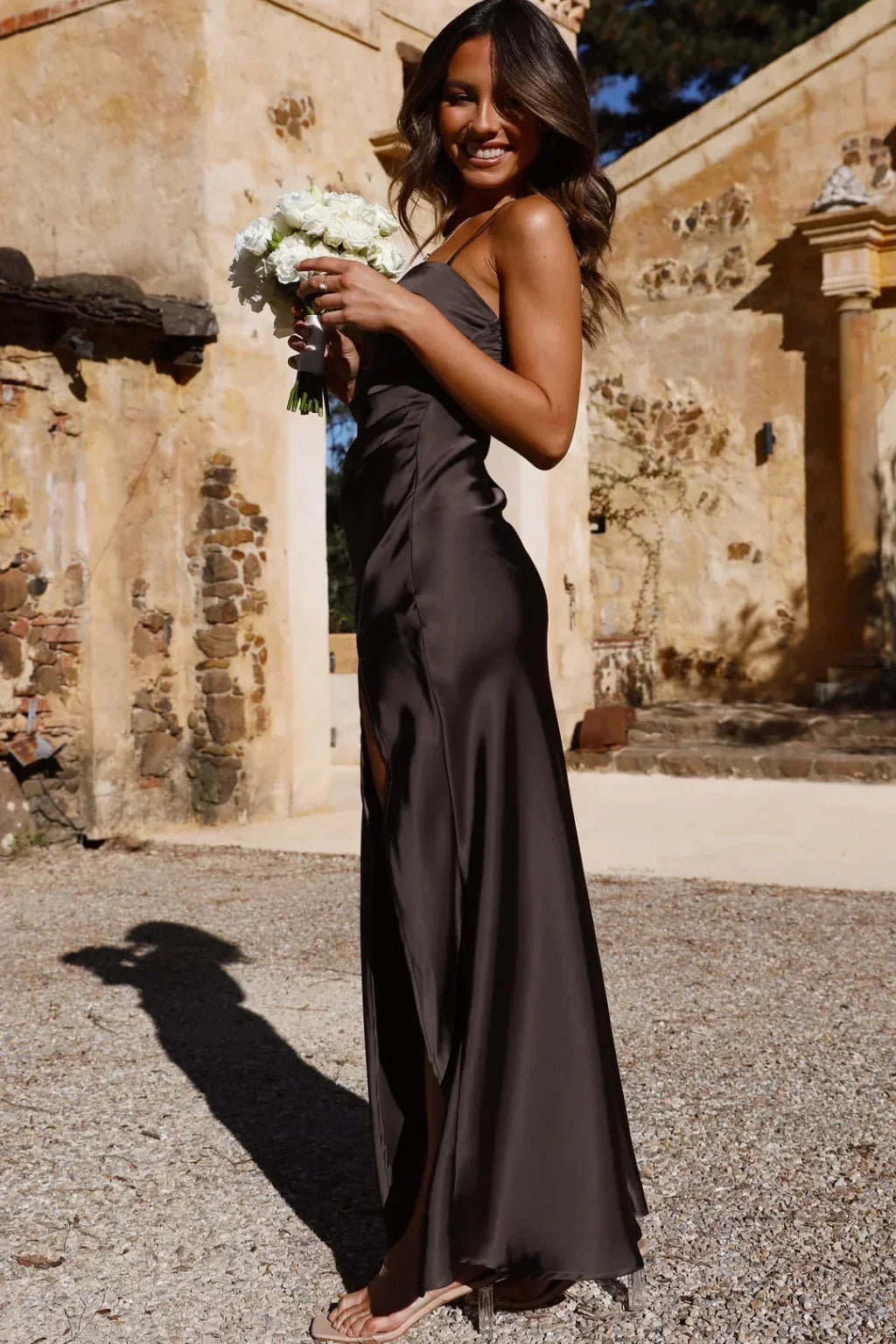Isabelle | Women's Square Neck Side Slit Evening Maxi Dress with Spaghetti Straps