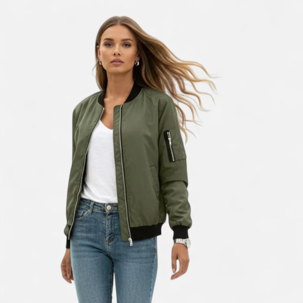 Isabelle | Women's Zip Up Bomber Jacket with Ribbed Cuffs and Zippered Pocket