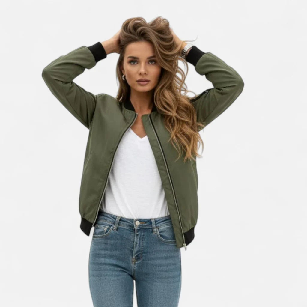 Isabelle | Women's Zip Up Bomber Jacket with Ribbed Cuffs and Zippered Pocket