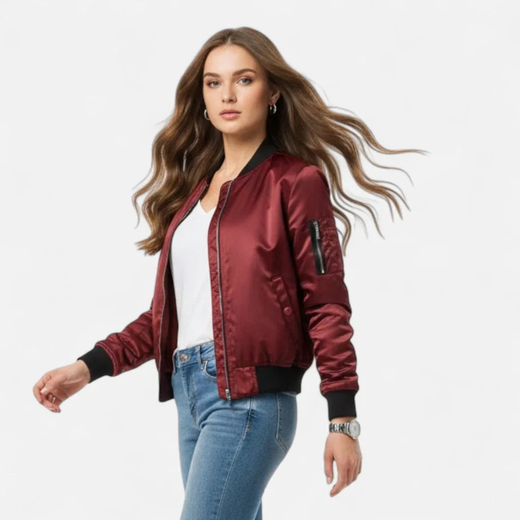 Isabelle | Women's Zip Up Bomber Jacket with Ribbed Cuffs and Zippered Pocket
