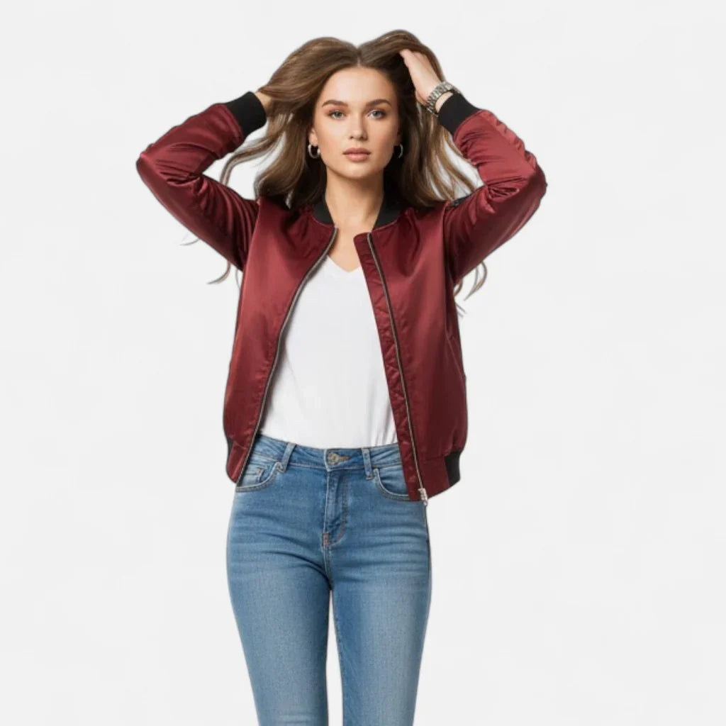 Isabelle | Women's Zip Up Bomber Jacket with Ribbed Cuffs and Zippered Pocket