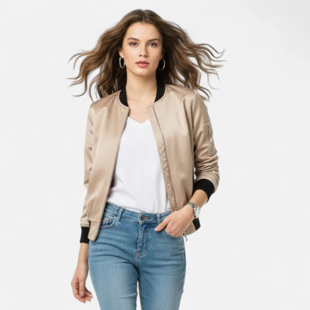 Isabelle | Women's Zip Up Bomber Jacket with Ribbed Cuffs and Zippered Pocket