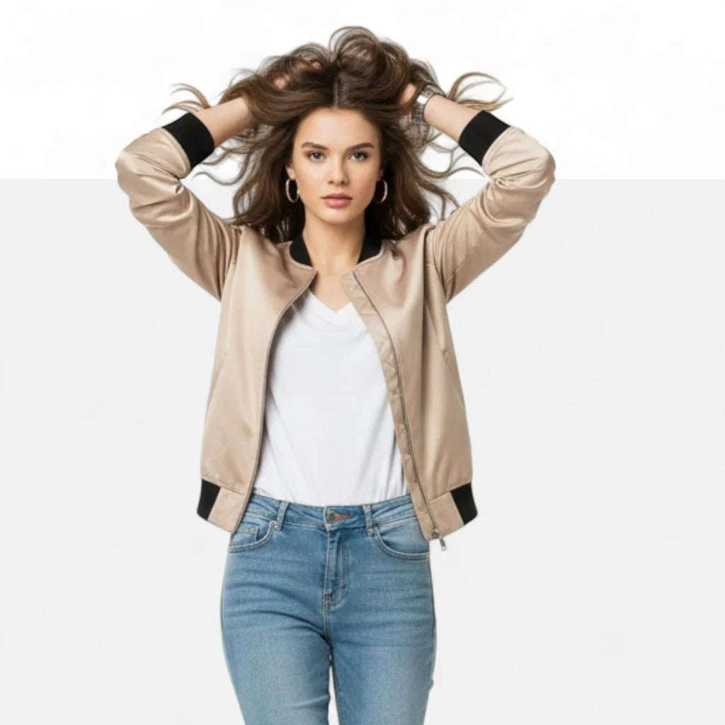 Isabelle | Women's Zip Up Bomber Jacket with Ribbed Cuffs and Zippered Pocket