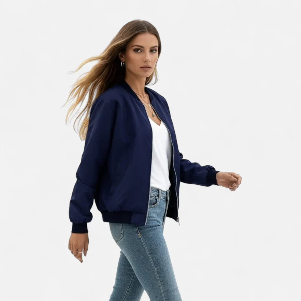 Isabelle | Women's Zip Up Bomber Jacket with Ribbed Cuffs and Zippered Pocket