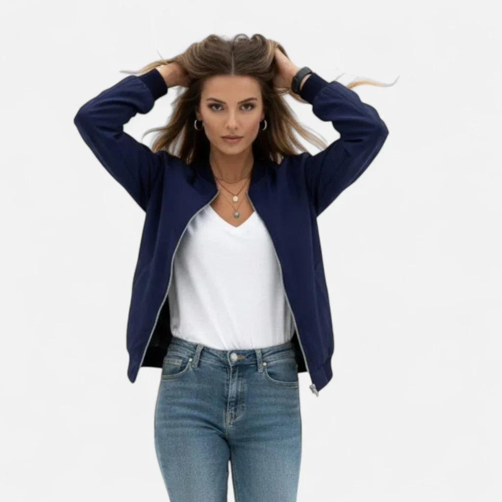 Isabelle | Women's Zip Up Bomber Jacket with Ribbed Cuffs and Zippered Pocket