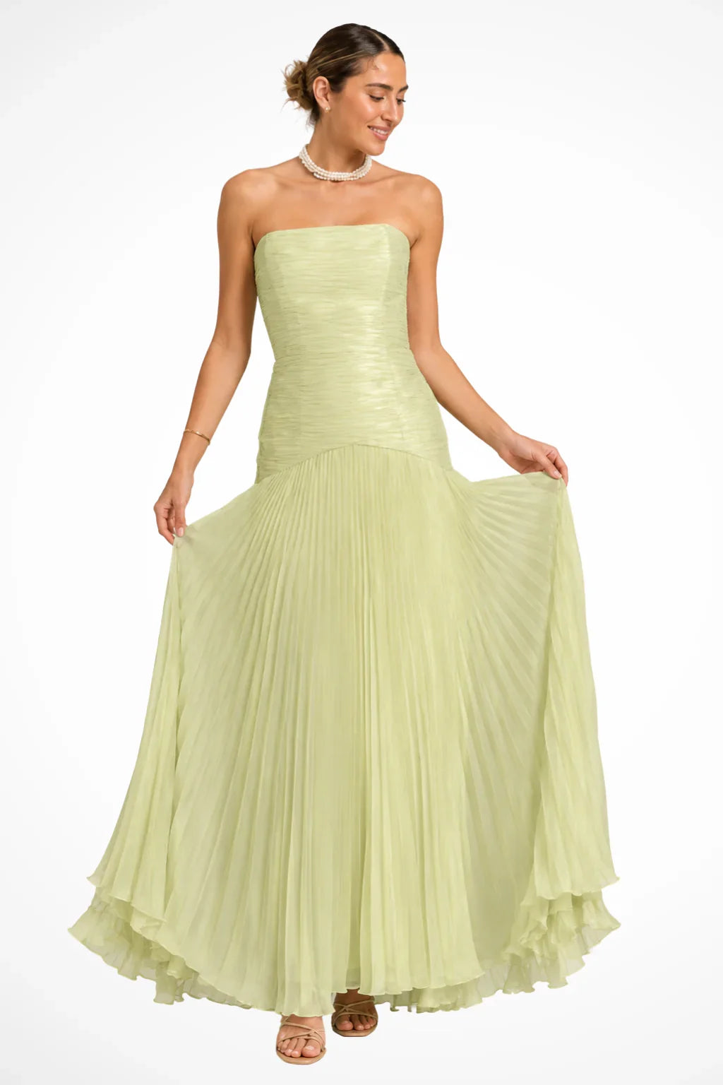 Isla | Pleated Strapless Wedding Guest Maxi Dress with Ruffle Hem