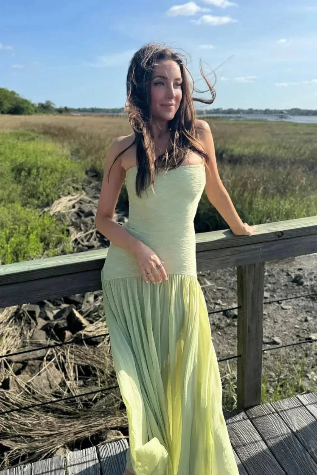 Isla | Pleated Strapless Wedding Guest Maxi Dress with Ruffle Hem